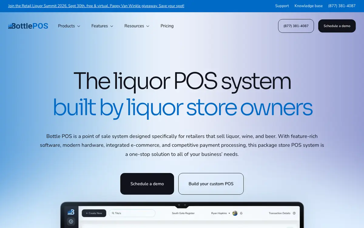 Home page of Bottle POS's website