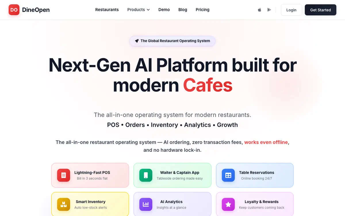 Home page of DineOpen's website
