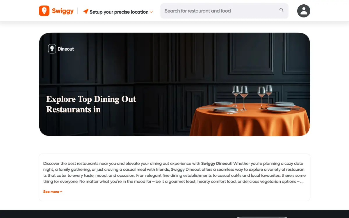 Home page of Dineout's website
