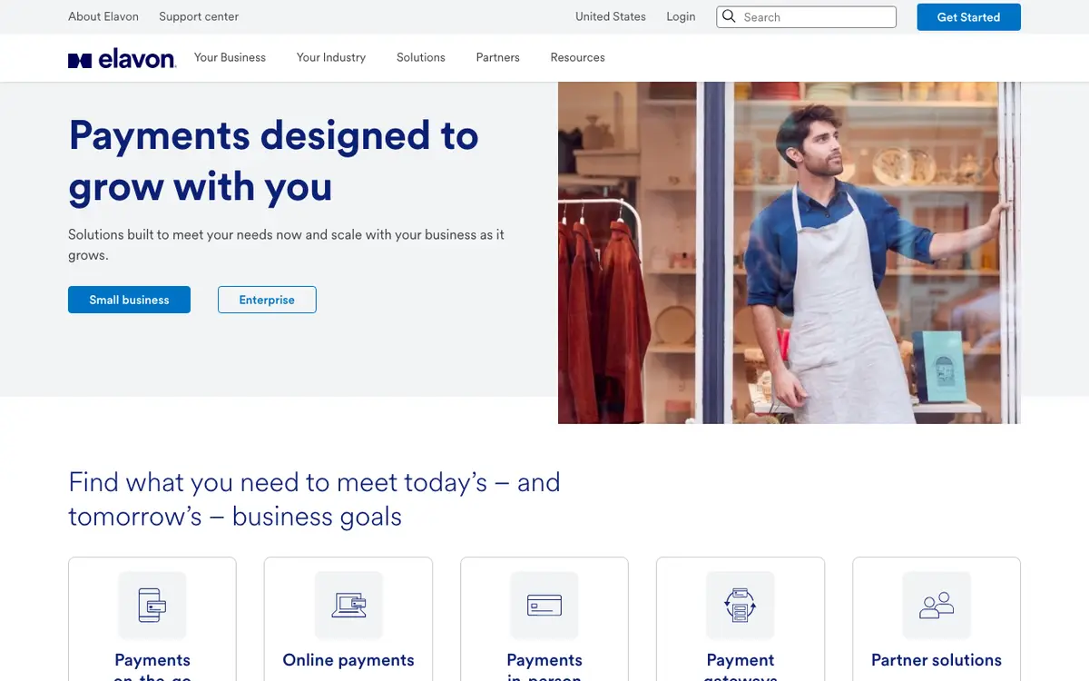 Home page of Elavon's website