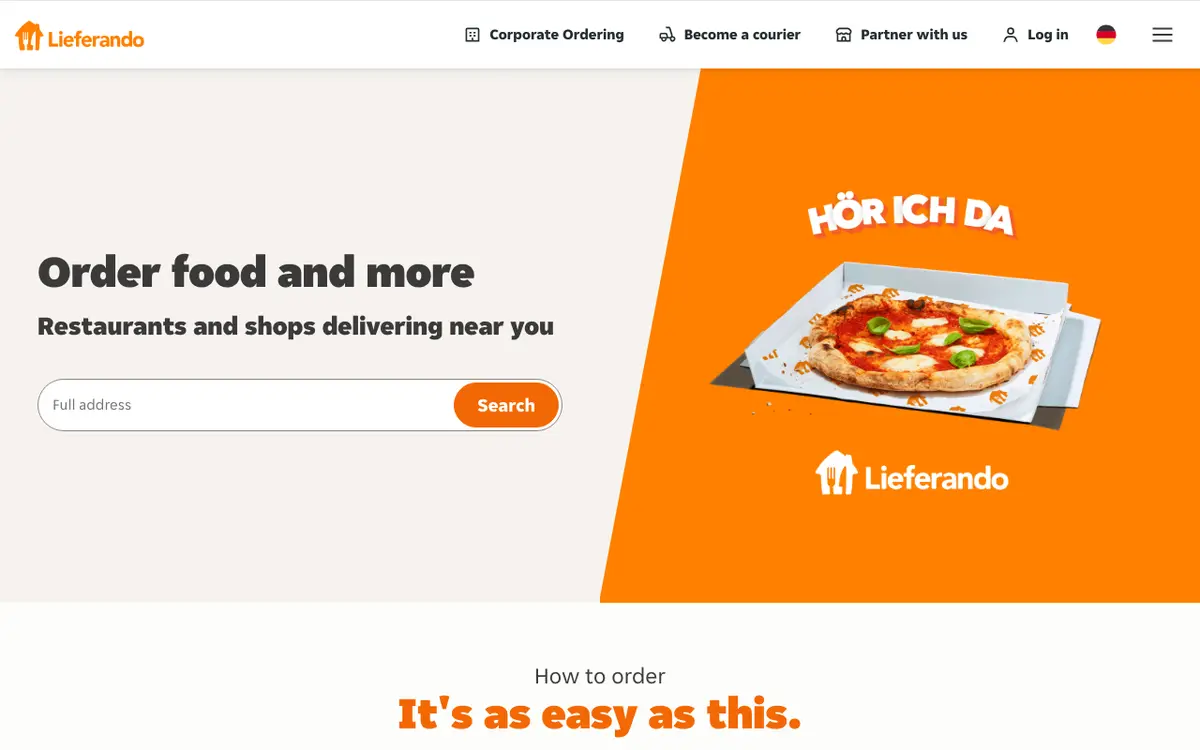 Home page of Lieferando Partner's website