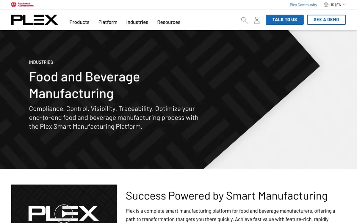Home page of Plex MES for Food & Beverage's website
