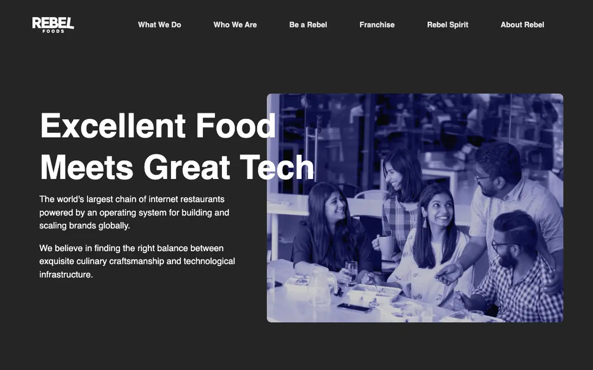 Home page of Rebel Foods's website