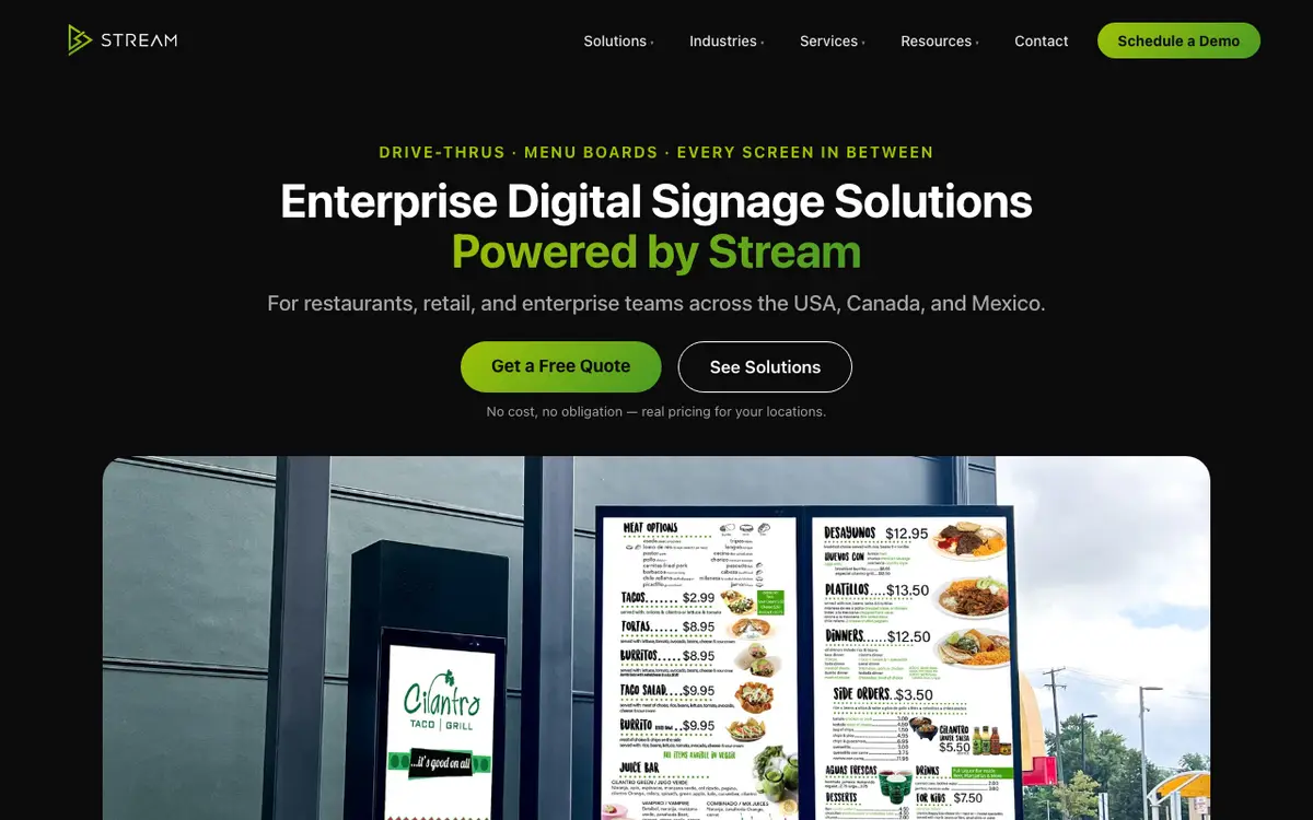 Home page of Stream Digital Signage's website