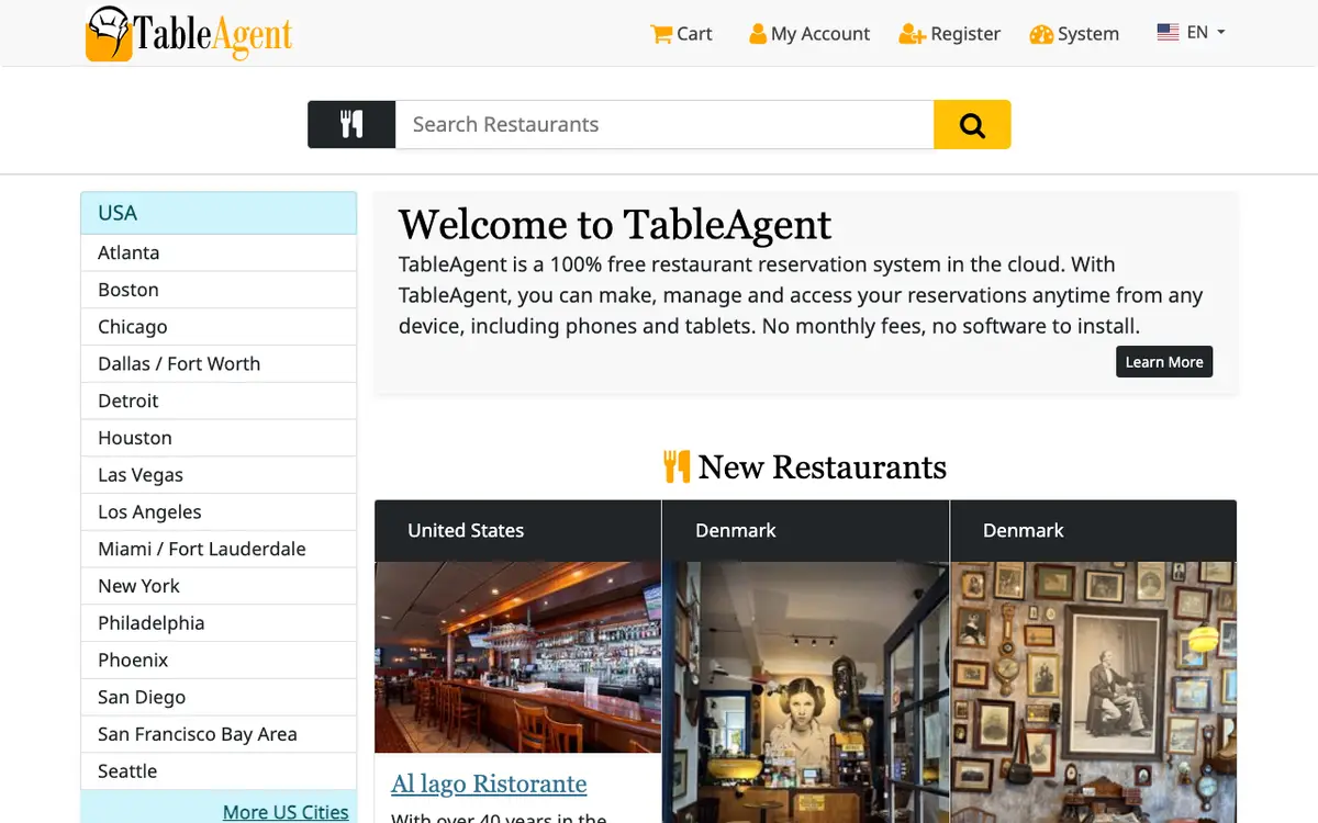 Home page of TableAgent's website