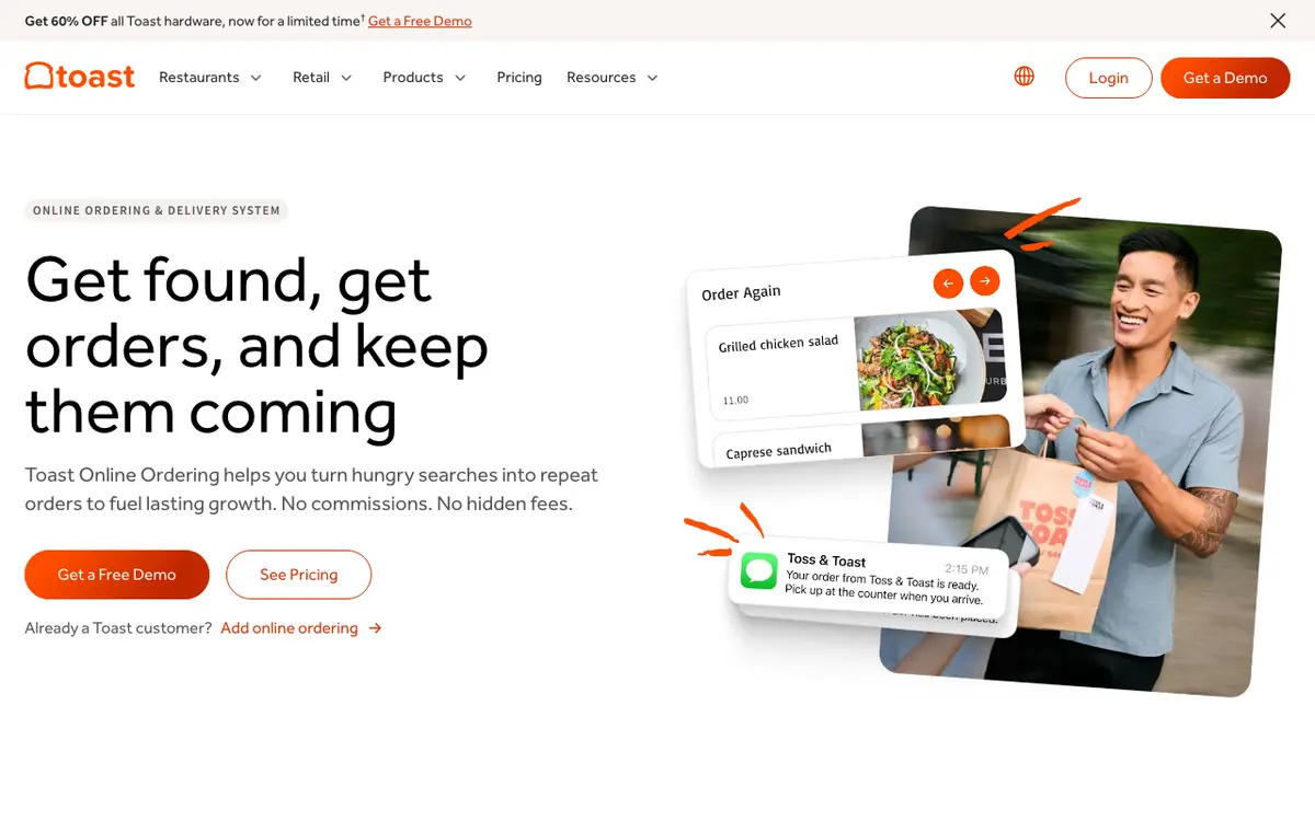 Home page of Toast Online Ordering's website