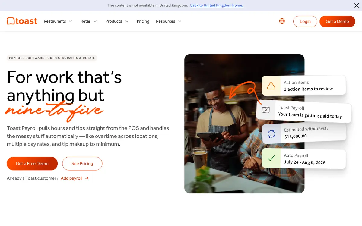 Home page of Toast Payroll's website